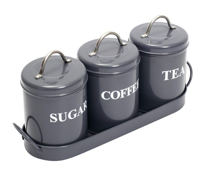 TEA COFFEE SUGAR CANISTERS 3 PIECE OF METAL FOOD STORAGE TIN KITCHEN CANISTER SET WITH METAL TRAY DRY FOOD STORAGE CONTAINERS FOR TEA COFFEE SUGARGRAY