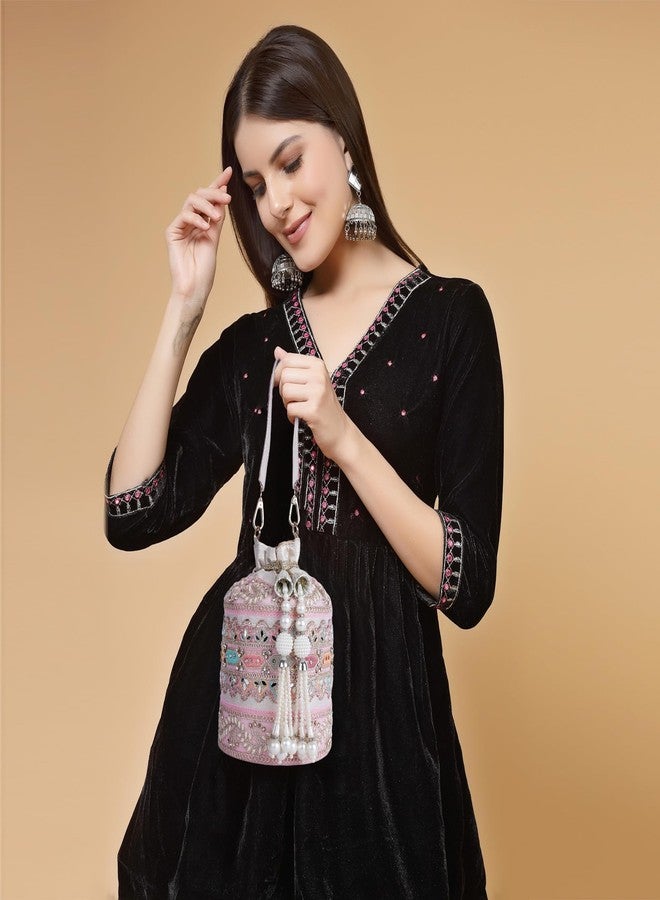 PLANX Velvet SilK Stylish Embroidery Unique Design Trendy Traditional Ethnic Wedding Party Handheld Potli For Women - Image 2