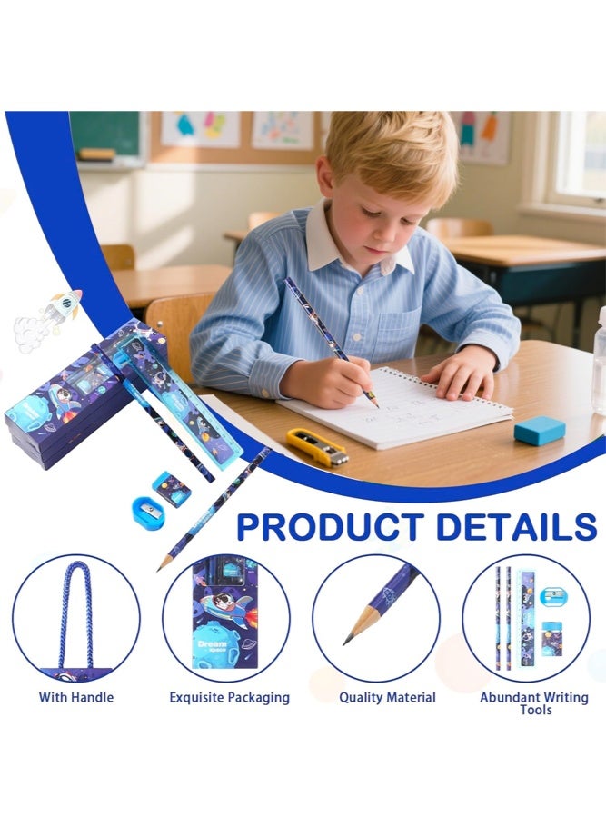 SHABILI 12 Boxes Astronaut Stationery Set for Kids, Back to School Supplies Pencil Case Gift Box with Pencils, Rulers, Erasers and Sharpeners, Ideal Classroom Rewards and Party Favors for Boys and Girls Students - Image 5
