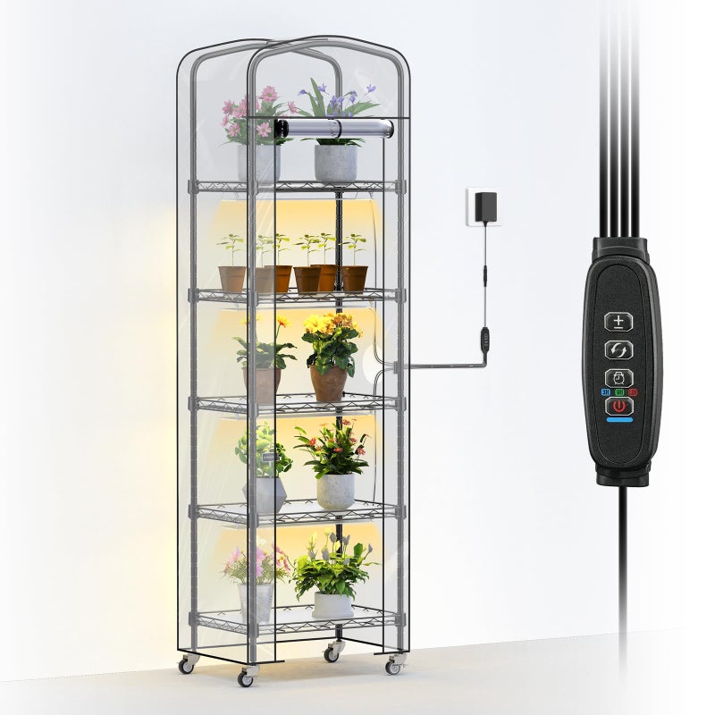 Abimars 5-Tier Mini Greenhouse with Grow Light, Shelf Height Adjustable Metal Plant Shelf with PVC Cover and Wheels, Includes 4-Pack Full Spectrum Plant Lights, 11x16x57inch - Image 1
