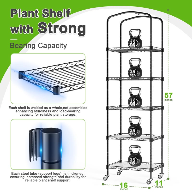 Abimars 5-Tier Mini Greenhouse with Grow Light, Shelf Height Adjustable Metal Plant Shelf with PVC Cover and Wheels, Includes 4-Pack Full Spectrum Plant Lights, 11x16x57inch - Image 2