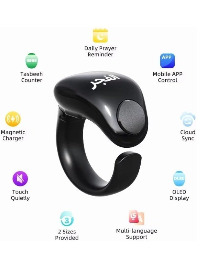 ويسلاميك خاتم التسبيح الذكي سلام - عداد ذكر إسلامي رقمي، شاشة OLED، مزامنة التطبيقات، شحن مغناطيسي، عمر بطارية طويل، مقاوم للماء IP67، تذكير بالصلاة (18 مم، 20 مم، 22 مم) 3 أحجام. - Image 5