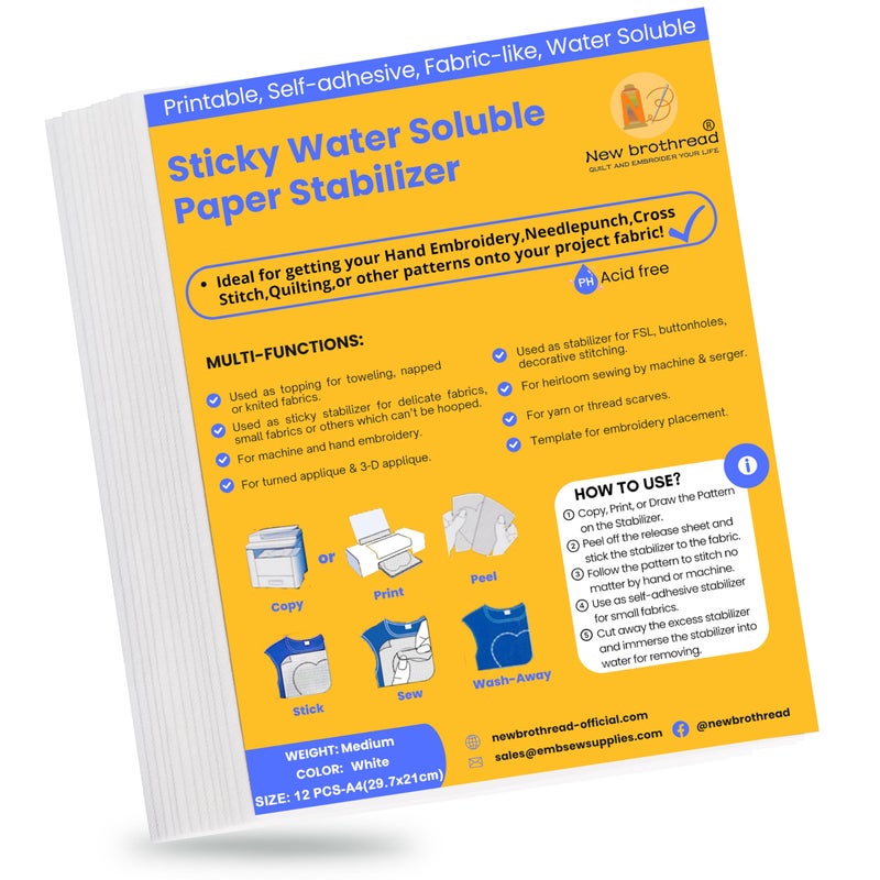 New brothread بروثيرد الجديد 12 قطعة A4 297x21 سم مثبت تطريز قابل للذوبان في الماء ورق تطريز قابل للطباعة وزن متوسط مسموح للطباعة أو رسم الأنماط الأفضل للتطريز اليدوي والآلي