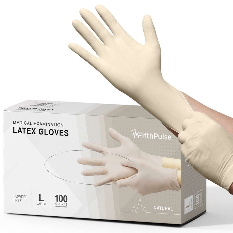 FifthPulse Medical Examination Latex Gloves Medium - 100 Count - Powder Free - Extra Thick 4.5 Mil - Natural Color - Non Sterile Disposable Gloves - Image 1
