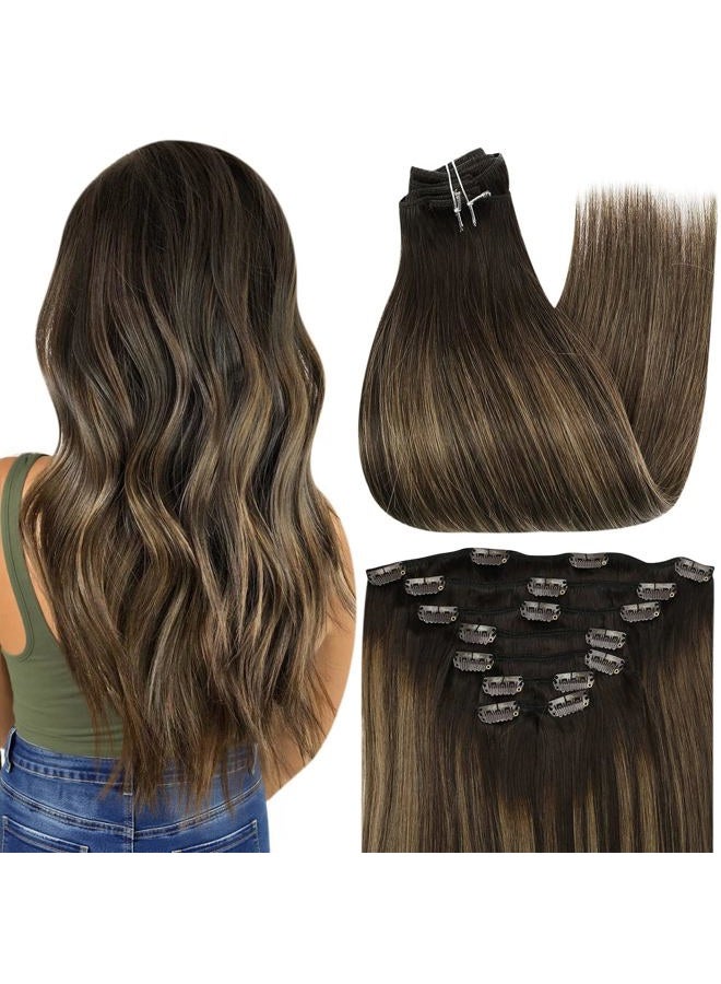 Full Shine Clip in Hair Extensions Ombre 14 Inch Human Hair Clip in Extensions Double Weft Brown Balayage Color 2 to 8 Highlight 2 Dark Brown Clip in Remy Hair Extensions 100 Gram 7 Pcs - Image 1