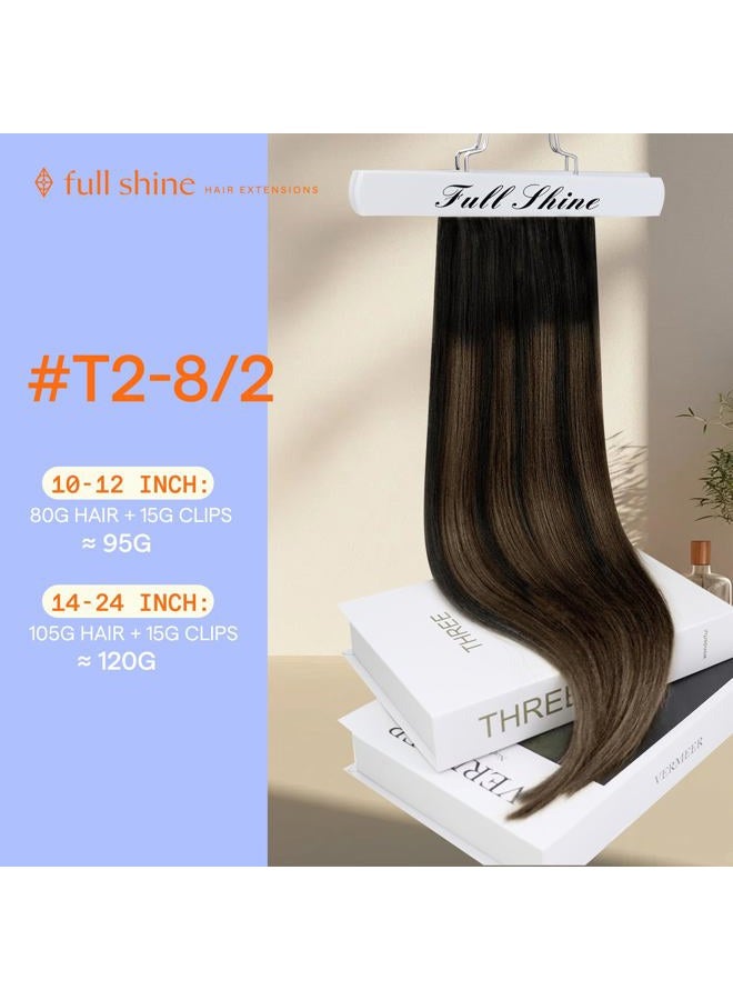 Full Shine Clip in Hair Extensions Ombre 14 Inch Human Hair Clip in Extensions Double Weft Brown Balayage Color 2 to 8 Highlight 2 Dark Brown Clip in Remy Hair Extensions 100 Gram 7 Pcs - Image 2