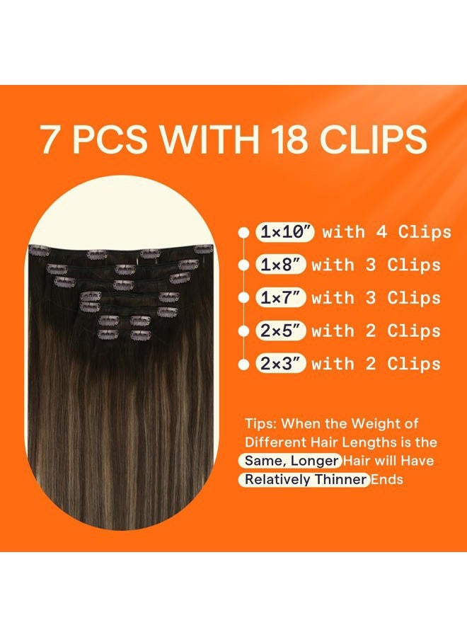Full Shine Clip in Hair Extensions Ombre 14 Inch Human Hair Clip in Extensions Double Weft Brown Balayage Color 2 to 8 Highlight 2 Dark Brown Clip in Remy Hair Extensions 100 Gram 7 Pcs - Image 3