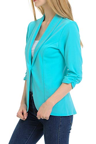 MINEFREE Women's 3/4 Ruched Sleeve Lightweight Work Office Blazer Jacket Aqua 2XL - Image 3