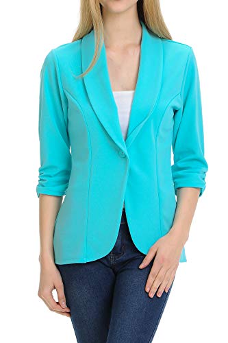 MINEFREE Women's 3/4 Ruched Sleeve Lightweight Work Office Blazer Jacket Aqua 2XL - Image 2