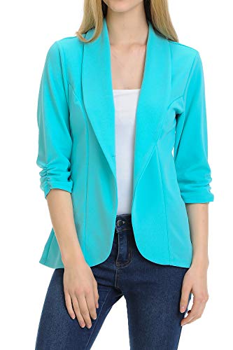 MINEFREE Women's 3/4 Ruched Sleeve Lightweight Work Office Blazer Jacket Aqua 2XL - Image 1