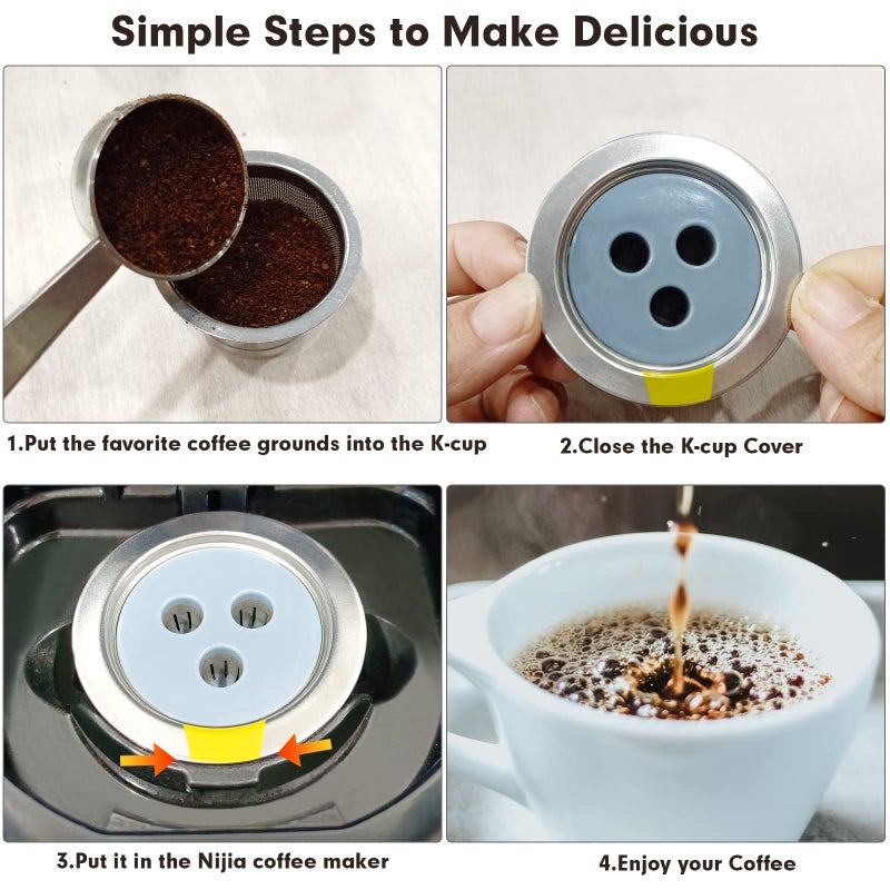 YEOSEN Reusable K Cups Compatible with Ninja Coffee Maker,Stainless Steel 4 Pack Reusable Coffee Pods,Permanent K Cups Coffee Filters Fit for Ninja CFP201 CFP 300 CFP305 CFP307 CFP400 (4Pack) - Image 5