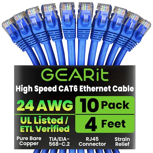 GearIT Cat 6 Ethernet Cable Pack - 10-Pack 4 ft Cat6 Ethernet Patch Cables | RJ45 Network Patch Cable, 10 Gbps Snagless Gold-Plated Connectors - Ethernet Cable Cat 6 for PC, TV, Router - Blue - Image 1