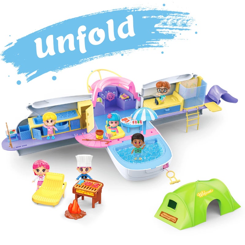 آي بلاي، آي ليرن اي بلاي، اي ليرن مجموعة العاب بيت دمى على شكل قارب للبنات بعمر 3-5 سنوات، مجموعة بيت دمى للعب التظاهري للاطفال مع سفينة سياحية، دمى، اكسسوارات تخييم، هدايا عيد ميلاد للاطفال الصغار بعمر 4 5 6 سنوات - Image 2