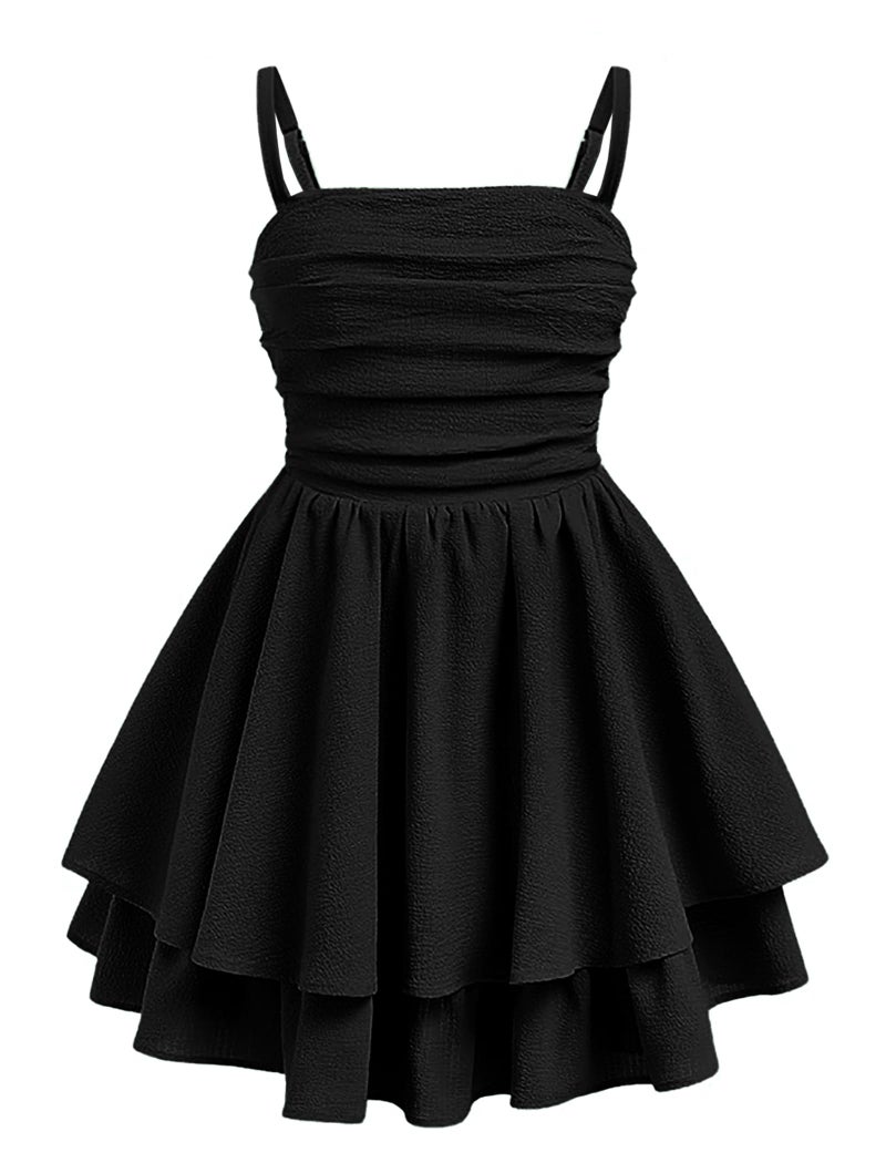 EXARUS Girls Dress Black Teen Easter Church Formal Back to School Homecoming Dance Casual Tween Swing Ruched Flowy Ruffle Summer Spaghetti Strap Adjustable Outfits Dresses Cami for 10 Years - Image 1