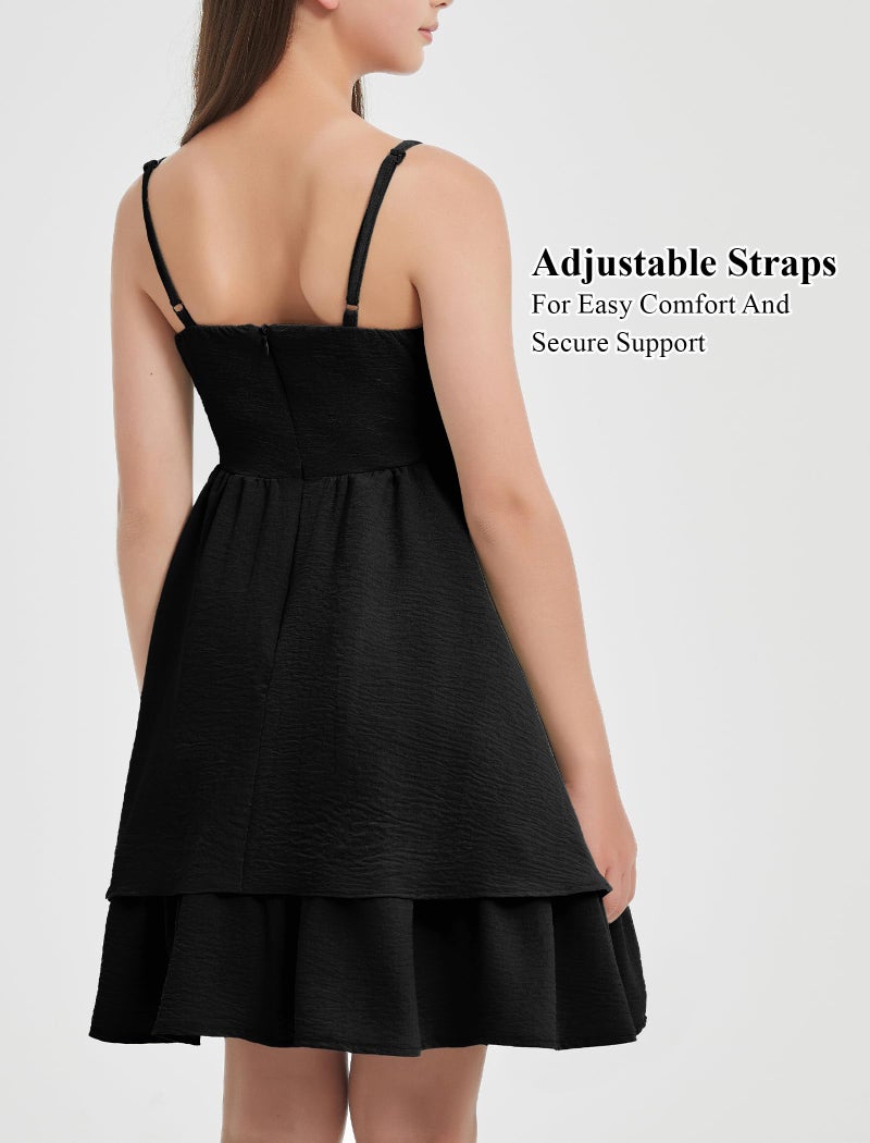 EXARUS Girls Dress Black Teen Easter Church Formal Back to School Homecoming Dance Casual Tween Swing Ruched Flowy Ruffle Summer Spaghetti Strap Adjustable Outfits Dresses Cami for 10 Years - Image 5