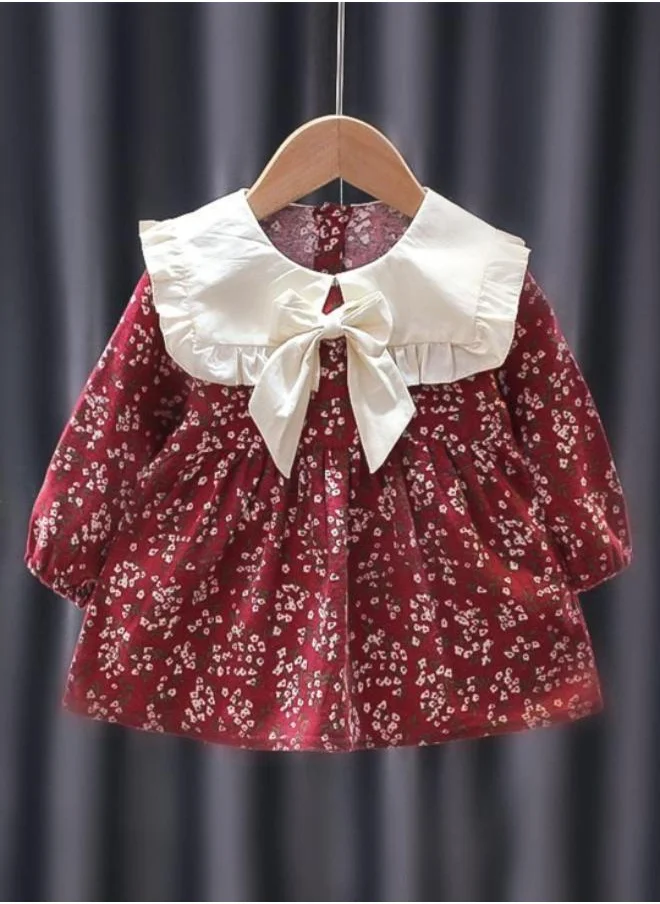 YUNIQEE Maroon A-Line Peter Pen Collar Printed Dress