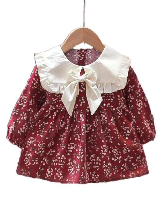 YUNIQEE Maroon A-Line Peter Pen Collar Printed Dress