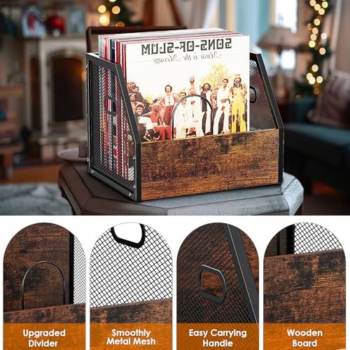 DOLALIKE Vinyl Record Storage, Vintage Wood Album Holder with Dividers for 100+ Records, Box Case Crate for Books, Magazines, Organizer (Trapezium) - Image 4