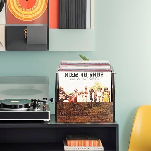 DOLALIKE Vinyl Record Storage, Vintage Wood Album Holder with Dividers for 100+ Records, Box Case Crate for Books, Magazines, Organizer (Trapezium) - Image 5
