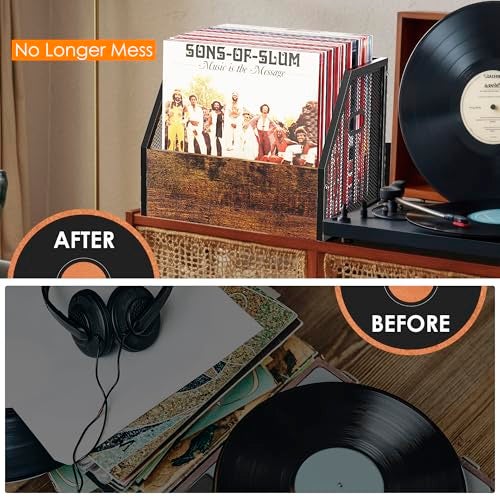 DOLALIKE Vinyl Record Storage, Vintage Wood Album Holder with Dividers for 100+ Records, Box Case Crate for Books, Magazines, Organizer (Trapezium) - Image 3
