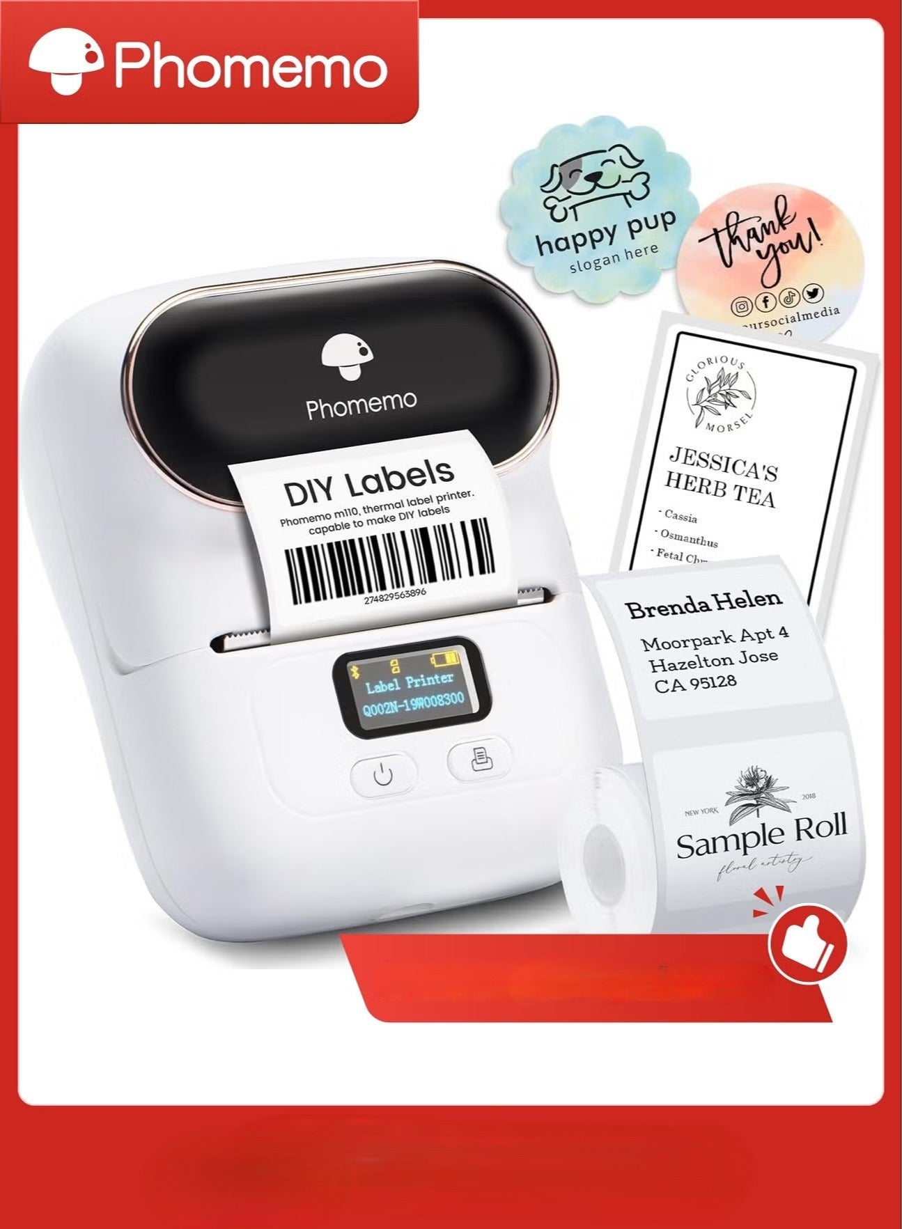 M110 Portable Wireless Thermal Label Printer, Bluetooth Label Maker Machine for iOS & Android Phone, Barcode Printer for Clothing, Jewellery, Retail, Home, with 1 Roll 40x30mm Label