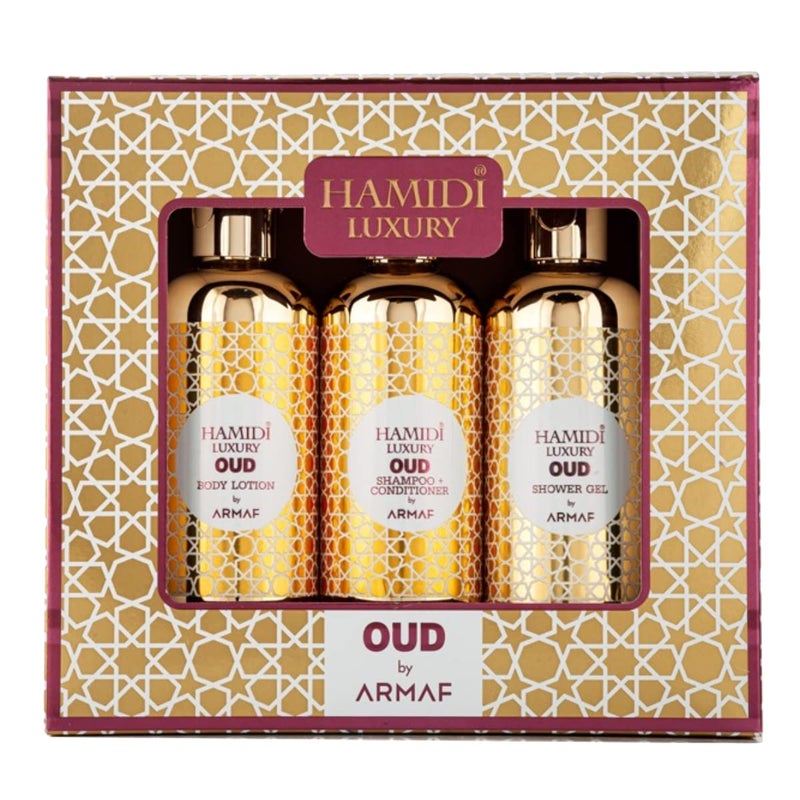 HAMIDI عطر هميدي الفاخر من أرمف، مجموعة هدايا مكونة من 3 قطع للرجال والنساء، جل استحمام، لوشن للجسم، شامبو وبلسم 2 في 1 95 مل | خالي من الكحول | منتج للعناية بالشعر والبشرة | العناية اليومية - Image 1