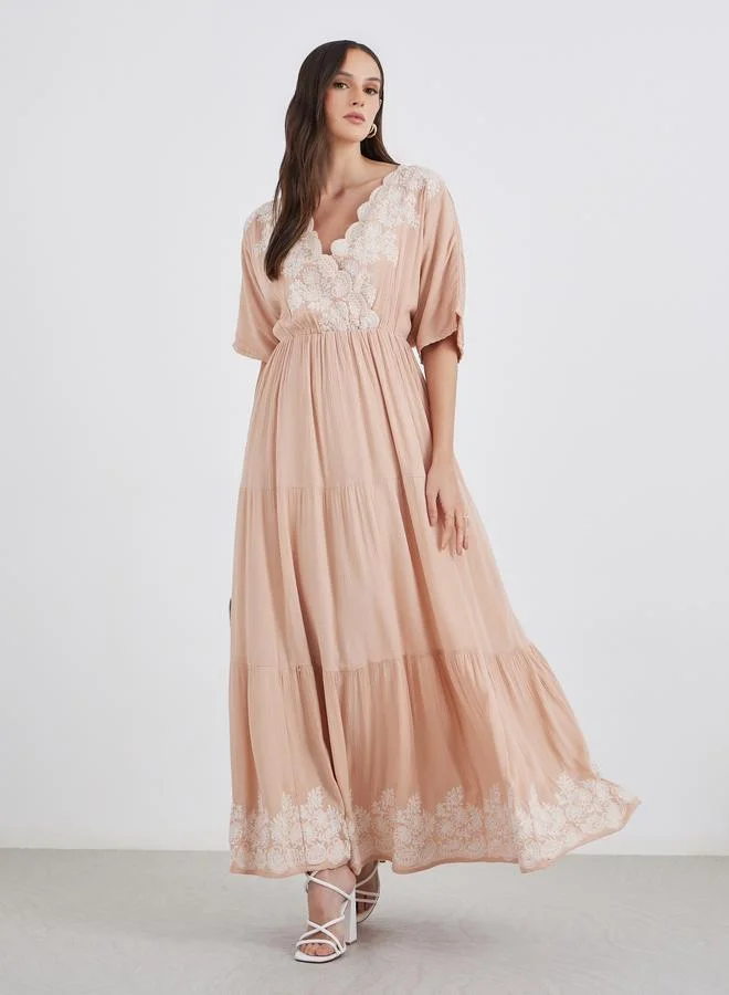 ستايلي Styli Embroidered V Neck Tiered Maxi Dress