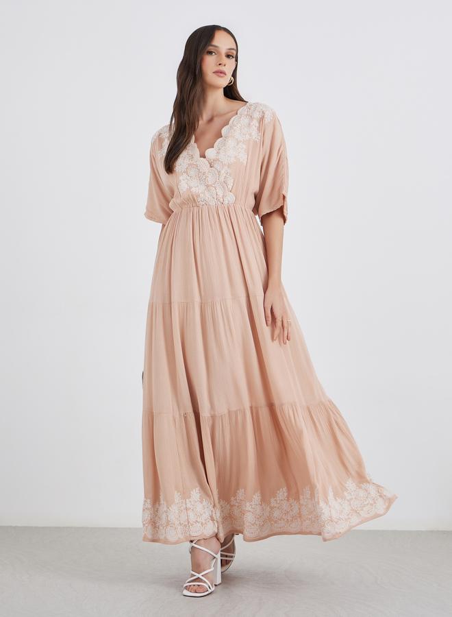 Styli Embroidered V Neck Tiered Maxi Dress - Image 1