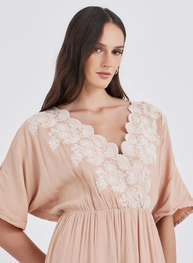 Styli Styli Embroidered V Neck Tiered Maxi Dress