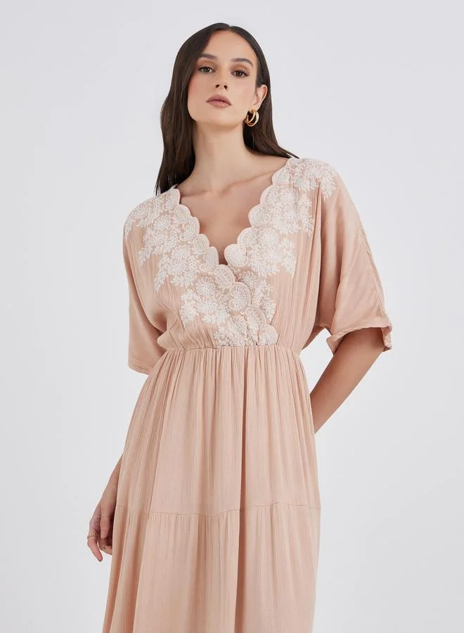 Styli Styli Embroidered V Neck Tiered Maxi Dress