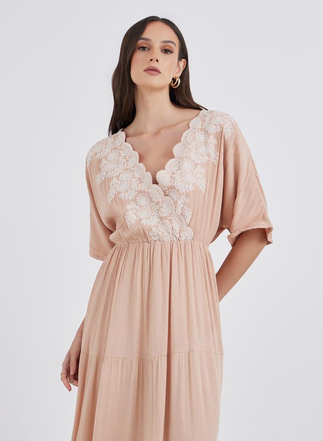 Styli Embroidered V Neck Tiered Maxi Dress - Image 3