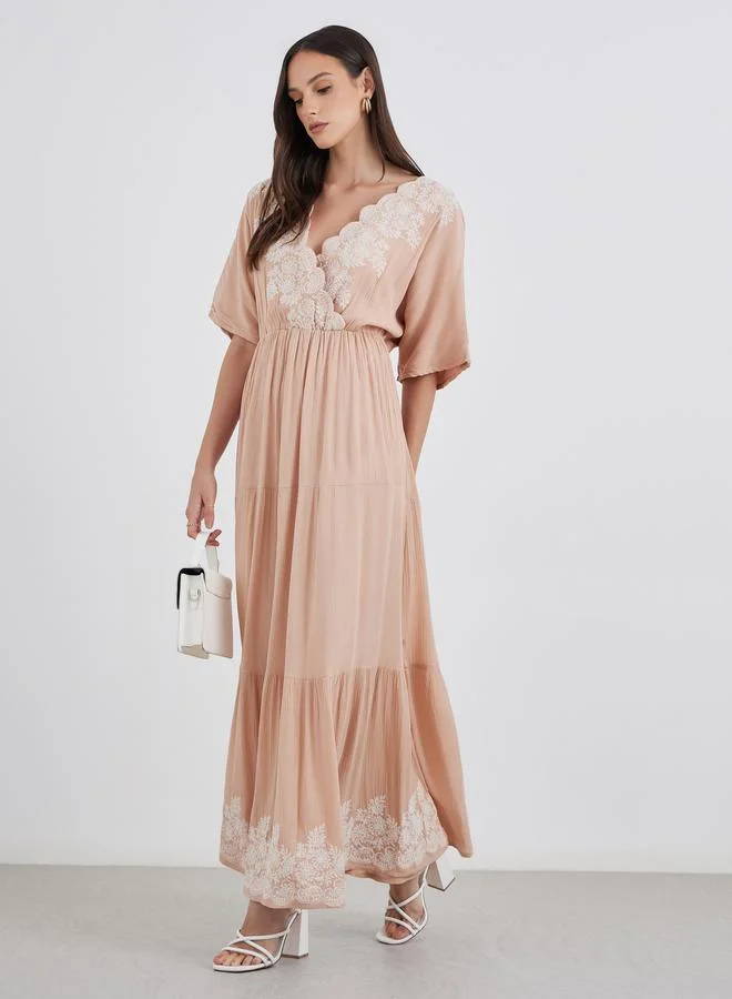 ستايلي Styli Embroidered V Neck Tiered Maxi Dress
