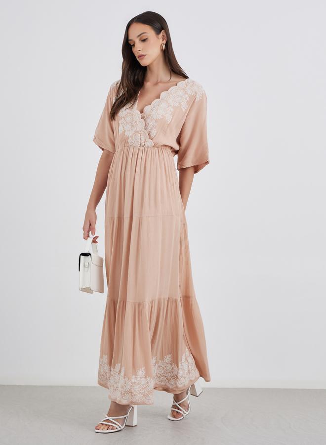 Styli Embroidered V Neck Tiered Maxi Dress - Image 2