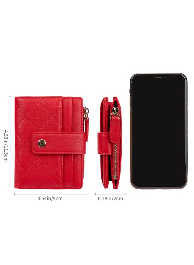 Women's Quilted Bifold Wallet with Zip Coin Pocket, Compact Red PU Leather Card Holder - Image 3