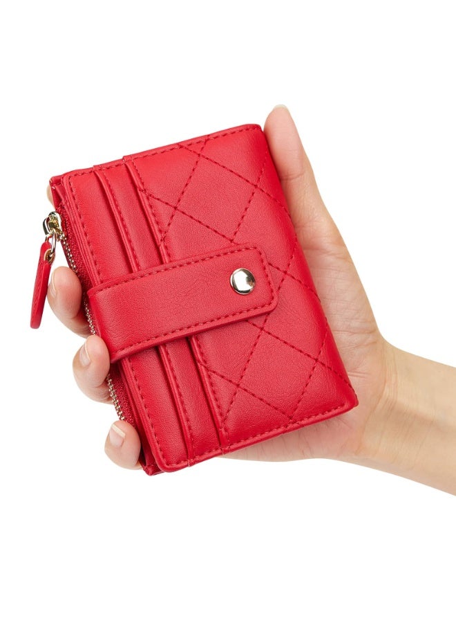 Women's Quilted Bifold Wallet with Zip Coin Pocket, Compact Red PU Leather Card Holder - Image 5