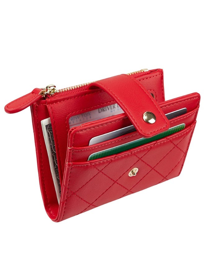 Women's Quilted Bifold Wallet with Zip Coin Pocket, Compact Red PU Leather Card Holder - Image 4