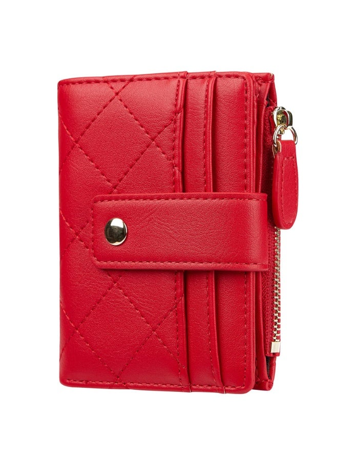 Women's Quilted Bifold Wallet with Zip Coin Pocket, Compact Red PU Leather Card Holder - Image 1