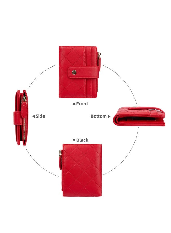 Women's Quilted Bifold Wallet with Zip Coin Pocket, Compact Red PU Leather Card Holder - Image 2
