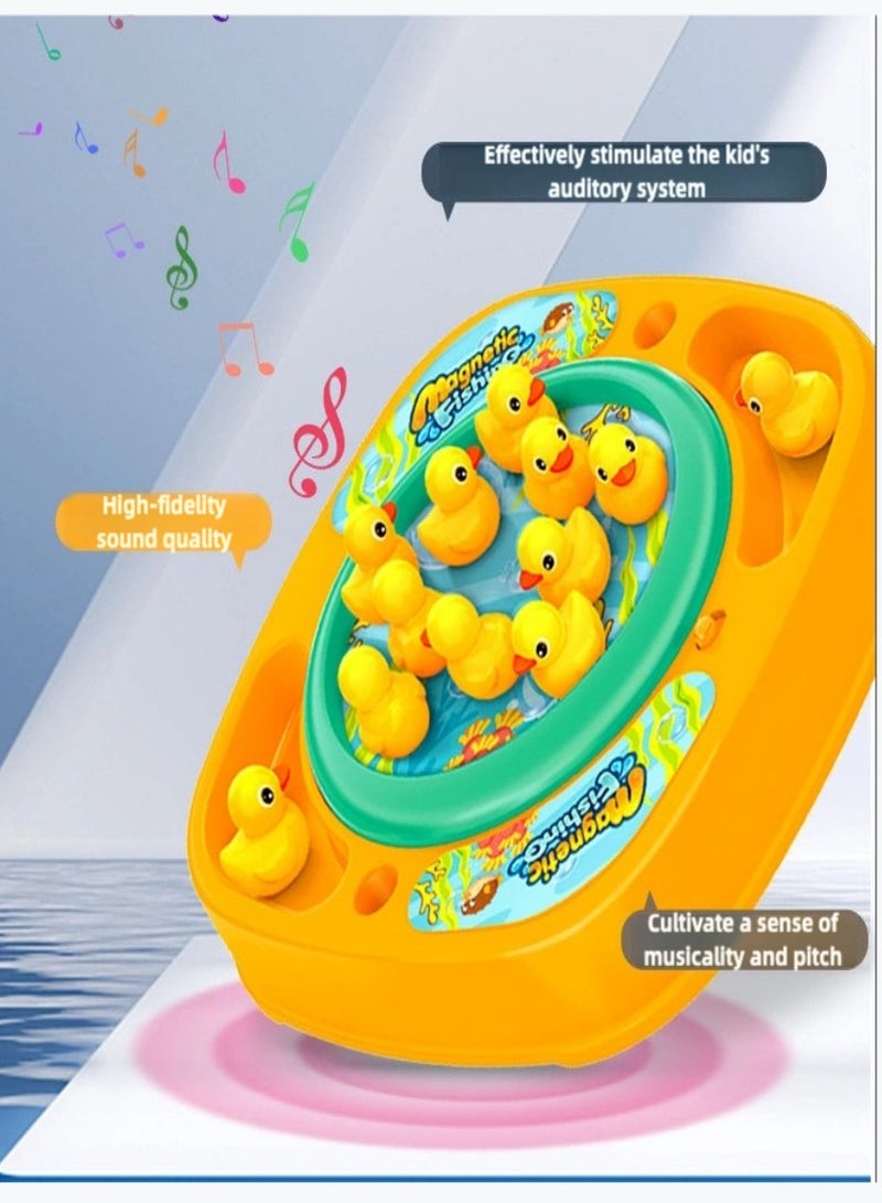 15pcs Electric Rotating Fishing Toy Magnetic Little Yellow Duck Hooking Playing Set With Music Sound  Educational and Fun Gift for Aged 3 and Above