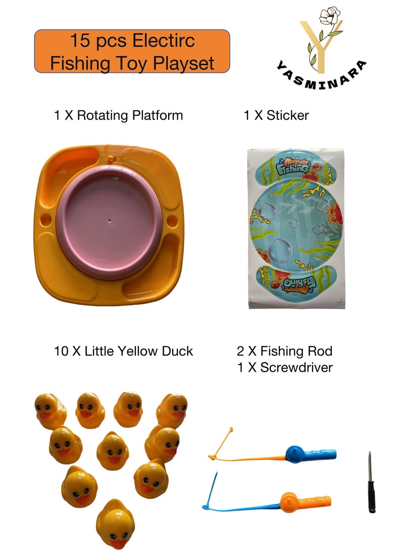 15pcs Electric Rotating Fishing Toy Magnetic Little Yellow Duck Hooking Playing Set With Music Sound  Educational and Fun Gift for Aged 3 and Above