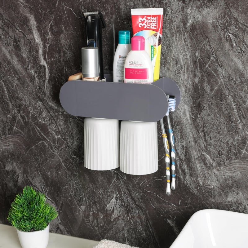 Jinila Self Adhesive Magic Sticker Plastic Toothbrush, Toothpest Holder with 2 Gargle Cup Wall Mounted Multipurpose Bathroom Organiser (Pack of 1, Gray and Cream) - Image 3