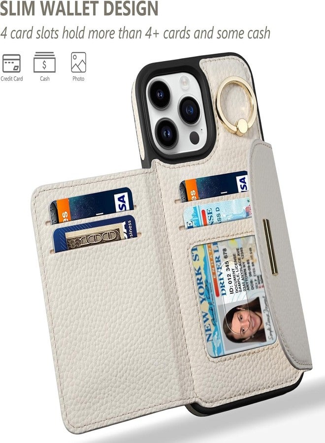 Keallce Wallet Case for iPhone 16 Pro 6.3'', Flip Case with Card Slots, Ring Holder Kickstand, PU Leather Protective Folio Cover for Women, Beige - Image 2