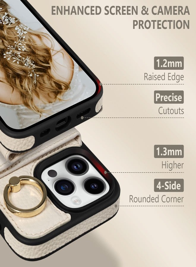 Keallce Wallet Case for iPhone 16 Pro 6.3'', Flip Case with Card Slots, Ring Holder Kickstand, PU Leather Protective Folio Cover for Women, Beige - Image 3