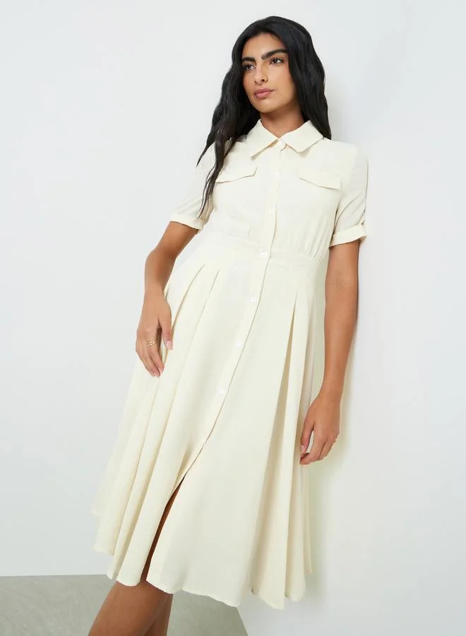 Styli Beige Solid Pleated Shirt Midi Dress