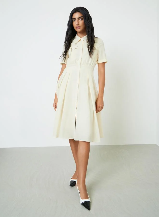 Styli Beige Solid Pleated Shirt Midi Dress