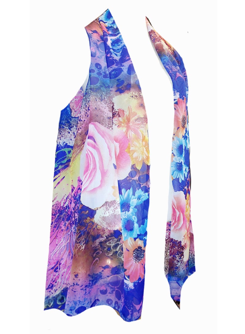 Women opened chiffon floral print vest cardigan kimono - Image 1