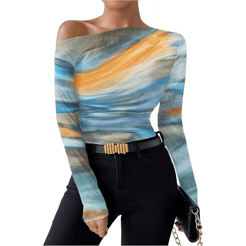 2024 Fashion Tie-Dye Printed Asymmetric Ruffled Long-Sleeved T-Shirt - Image 1