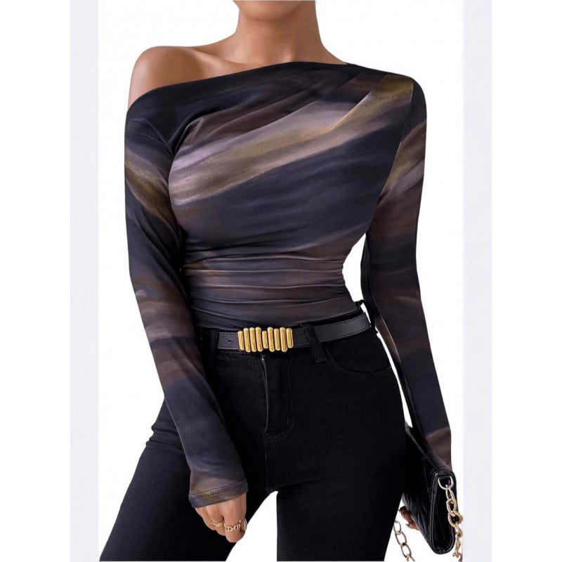 2024 Fashion Tie-Dye Printed Asymmetric Ruffled Long-Sleeved T-Shirt - Image 2
