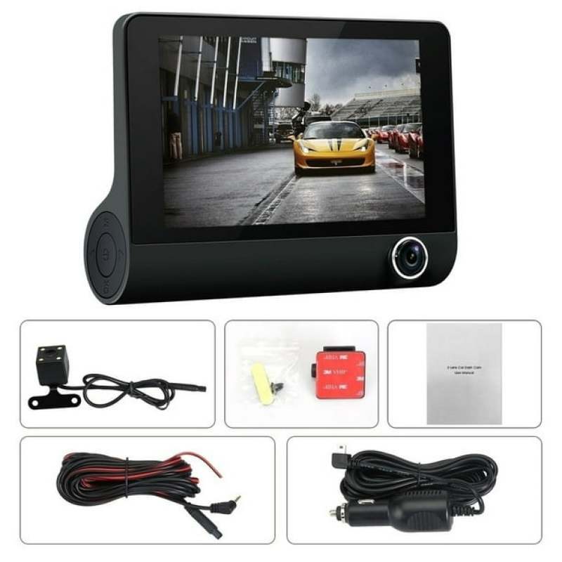 كاميرا داش جديدة بدقة 1080P، شاشة LCD بحجم 4 بوصات، مسجل فيديو للسيارة بعدسة ثلاثية مثبت على لوحة القيادة + كاميرا للرؤية الخلفية مع مستشعر الجاذبية، تسجيل حلقي، ووضع الرؤية الليلية - Image 1