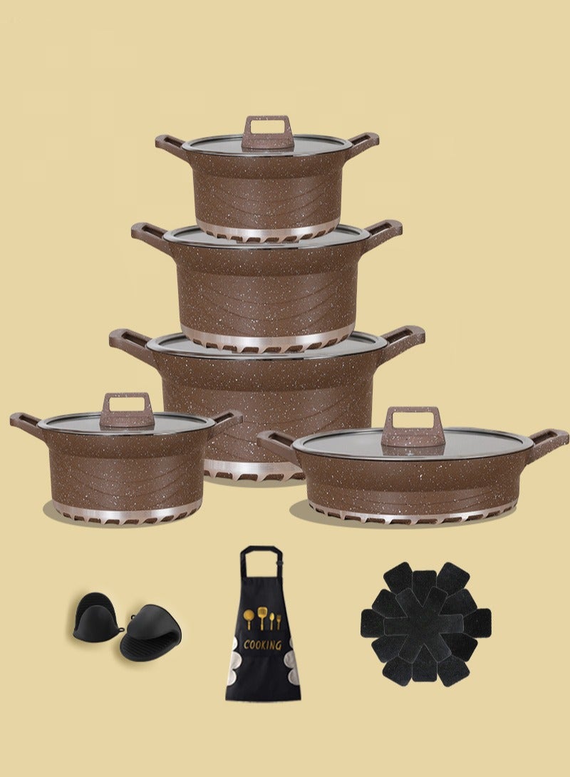 X spring 16-Piece Cookware Set - Aluminum Cookware - Non-Stick Surface - Tempered Glass Lid - PFOA-Free - Saucepan with Lid, Stockpot with Lid, Kitchen Utensils (Brown) - Image 1